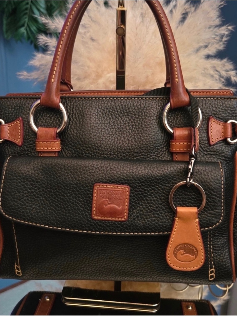 Dooney & Bourke Black Pebbled Leather Tote with Brown Trim